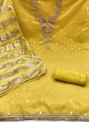 yellow silk blend embroidered unstitched dressmaterials 3 pair top bottom dupptaa 3