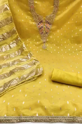 yellow silk blend embroidered unstitched dressmaterials 3 pair top bottom dupptaa