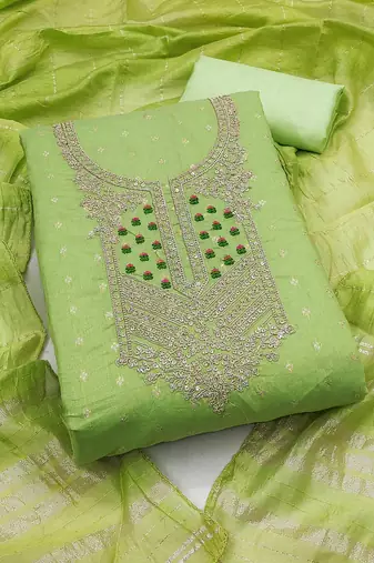 green jacquard  embroidered unstitched dressmaterials 3 pair top bottom dupptaa