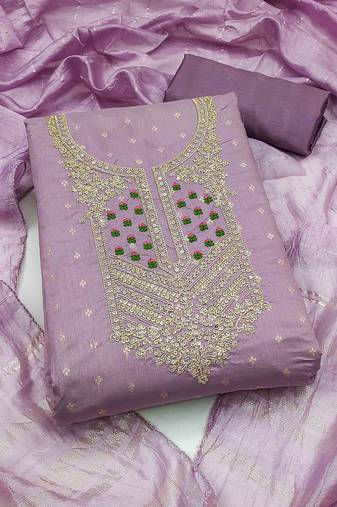 lavender jacquard  embroidered unstitched dressmaterials 3 pair top bottom dupptaa
