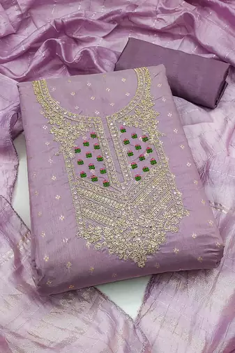 lavender jacquard  embroidered unstitched dressmaterials 3 pair top bottom dupptaa