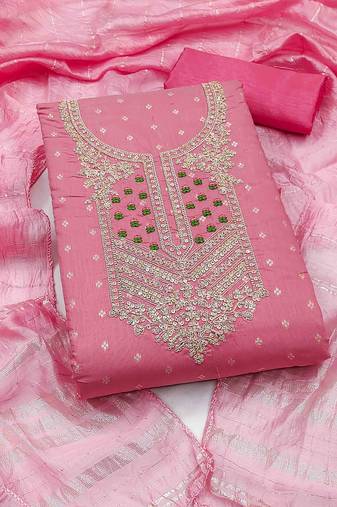 pink jacquard  embroidered unstitched dressmaterials 3 pair top bottom dupptaa