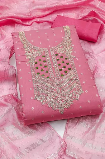 pink jacquard  embroidered unstitched dressmaterials 3 pair top bottom dupptaa