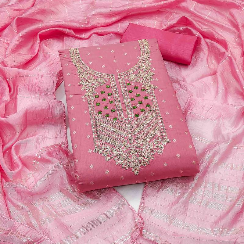 pink jacquard  embroidered unstitched dressmaterials 3 pair top bottom dupptaa