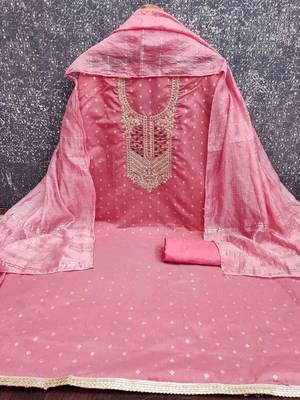 pink jacquard  embroidered unstitched dressmaterials 3 pair top bottom dupptaa 2
