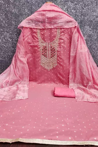pink jacquard  embroidered unstitched dressmaterials 3 pair top bottom dupptaa