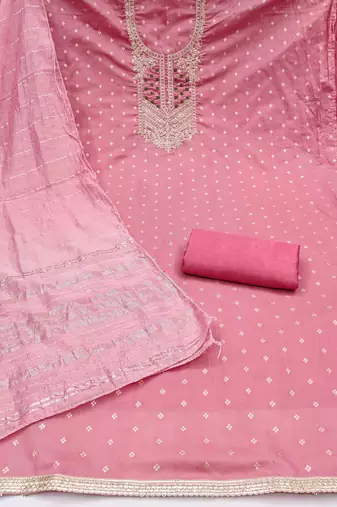 pink jacquard  embroidered unstitched dressmaterials 3 pair top bottom dupptaa