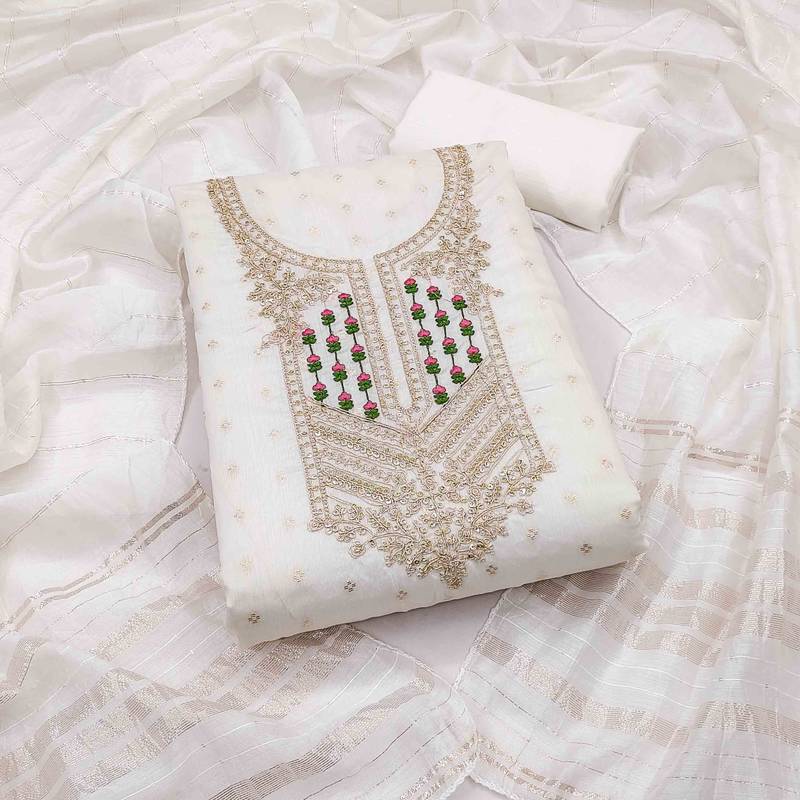 white jacquard  embroidered unstitched dressmaterials 3 pair top bottom dupptaa