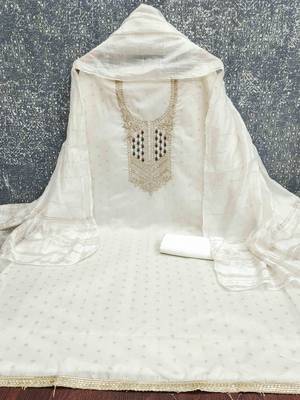 white jacquard  embroidered unstitched dressmaterials 3 pair top bottom dupptaa 2