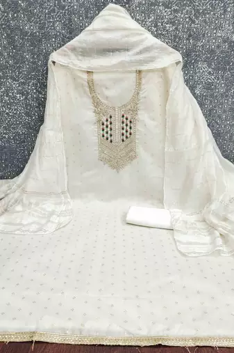 white jacquard  embroidered unstitched dressmaterials 3 pair top bottom dupptaa
