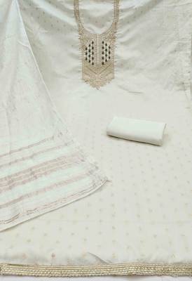 white jacquard  embroidered unstitched dressmaterials 3 pair top bottom dupptaa 3