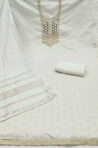 white jacquard  embroidered unstitched dressmaterials 3 pair top bottom dupptaa
