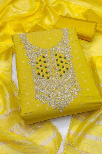 yellow jacquard  embroidered unstitched dressmaterials 3 pair top bottom dupptaa