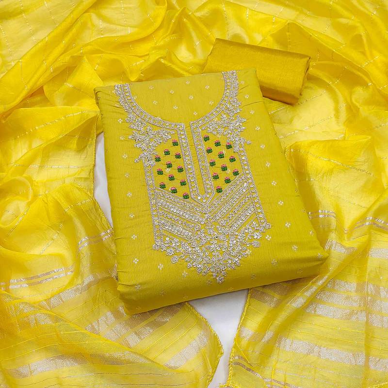 yellow jacquard  embroidered unstitched dressmaterials 3 pair top bottom dupptaa