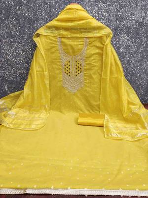 yellow jacquard  embroidered unstitched dressmaterials 3 pair top bottom dupptaa 2