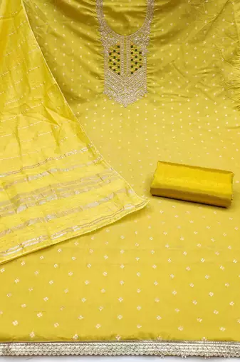 yellow jacquard  embroidered unstitched dressmaterials 3 pair top bottom dupptaa