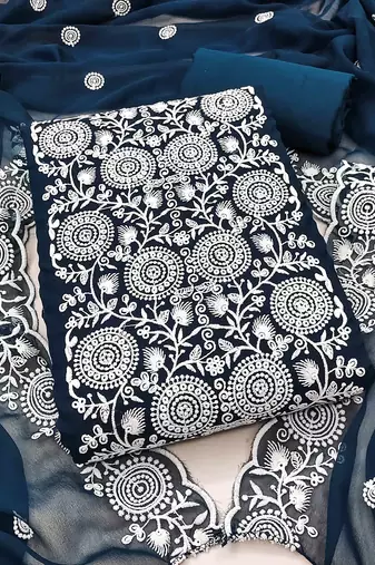 blue georgette embroidered unstitched dressmaterials 3 pair top bottom dupptaa