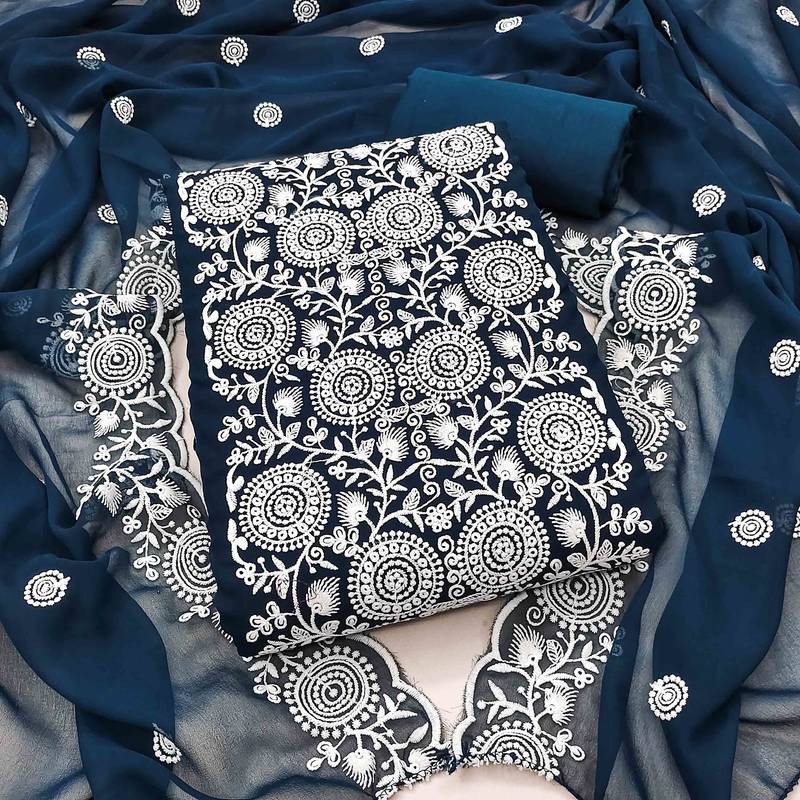 blue georgette embroidered unstitched dressmaterials 3 pair top bottom dupptaa