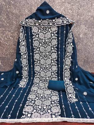 blue georgette embroidered unstitched dressmaterials 3 pair top bottom dupptaa 2