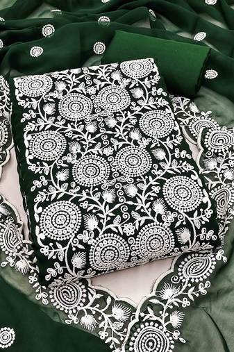green georgette embroidered unstitched dressmaterials 3 pair top bottom dupptaa