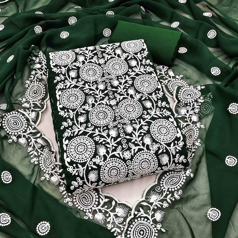 green georgette embroidered unstitched dressmaterials 3 pair top bottom dupptaa