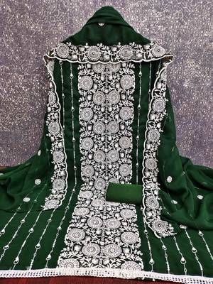 green georgette embroidered unstitched dressmaterials 3 pair top bottom dupptaa 2