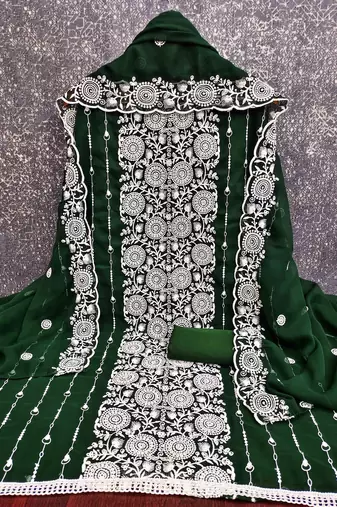 green georgette embroidered unstitched dressmaterials 3 pair top bottom dupptaa