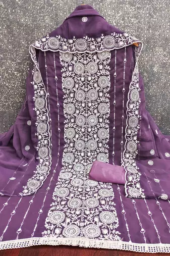 lavender georgette embroidered unstitched dressmaterials 3 pair top bottom dupptaa