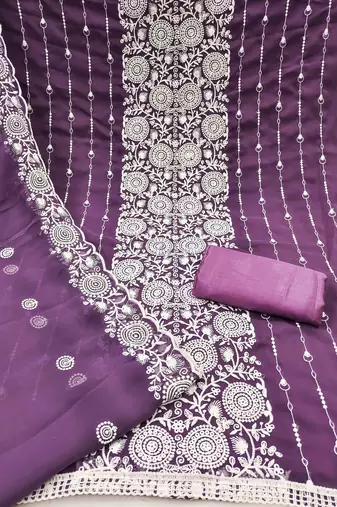lavender georgette embroidered unstitched dressmaterials 3 pair top bottom dupptaa