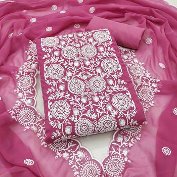 pink georgette embroidered unstitched dressmaterials 3 pair top bottom dupptaa 1