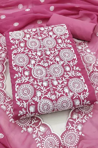 pink georgette embroidered unstitched dressmaterials 3 pair top bottom dupptaa