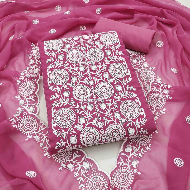pink georgette embroidered unstitched dressmaterials 3 pair top bottom dupptaa