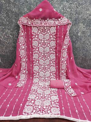 pink georgette embroidered unstitched dressmaterials 3 pair top bottom dupptaa 2