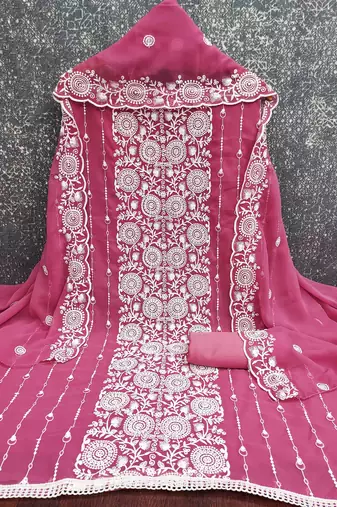 pink georgette embroidered unstitched dressmaterials 3 pair top bottom dupptaa
