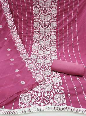 pink georgette embroidered unstitched dressmaterials 3 pair top bottom dupptaa 3