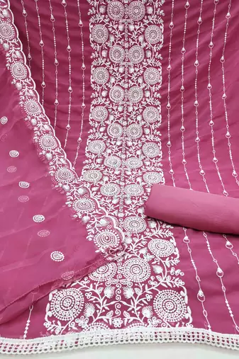 pink georgette embroidered unstitched dressmaterials 3 pair top bottom dupptaa