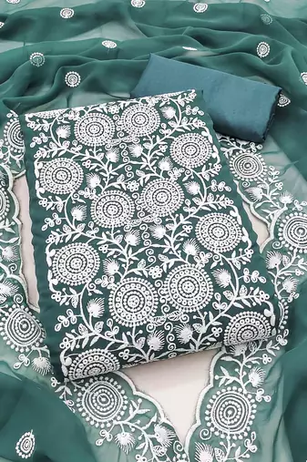 teal georgette embroidered unstitched dressmaterials 3 pair top bottom dupptaa
