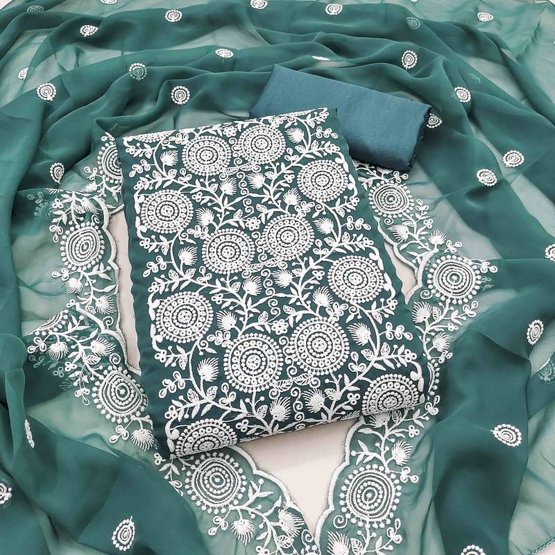 teal georgette embroidered unstitched dressmaterials 3 pair top bottom dupptaa