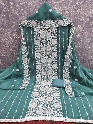 teal georgette embroidered unstitched dressmaterials 3 pair top bottom dupptaa 2