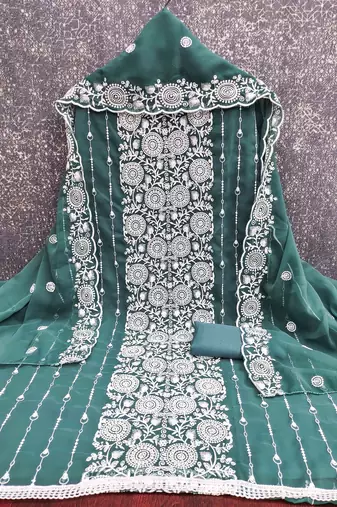 teal georgette embroidered unstitched dressmaterials 3 pair top bottom dupptaa