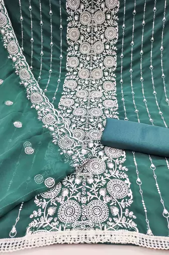 teal georgette embroidered unstitched dressmaterials 3 pair top bottom dupptaa
