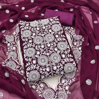 wine georgette embroidered unstitched dressmaterials 3 pair top bottom dupptaa 1