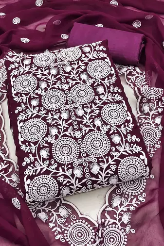 wine georgette embroidered unstitched dressmaterials 3 pair top bottom dupptaa