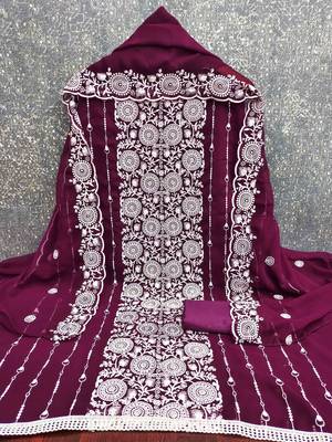 wine georgette embroidered unstitched dressmaterials 3 pair top bottom dupptaa 2