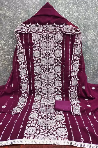 wine georgette embroidered unstitched dressmaterials 3 pair top bottom dupptaa