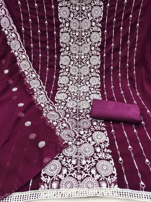wine georgette embroidered unstitched dressmaterials 3 pair top bottom dupptaa 3
