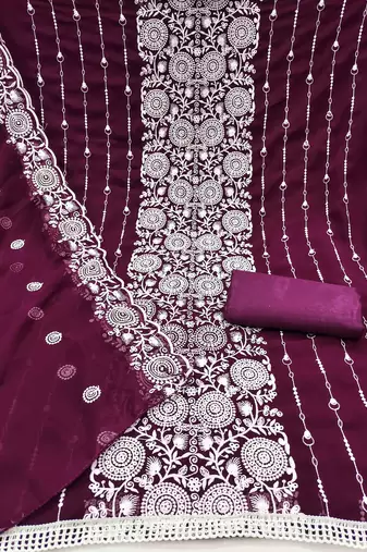 wine georgette embroidered unstitched dressmaterials 3 pair top bottom dupptaa