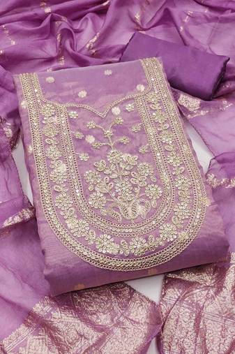 lavender silk blend embroidered unstitched dressmaterials 3 pair top bottom dupptaa