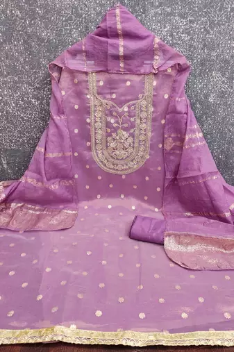 lavender silk blend embroidered unstitched dressmaterials 3 pair top bottom dupptaa