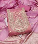 peach silk blend embroidered unstitched dressmaterials 3 pair top bottom dupptaa